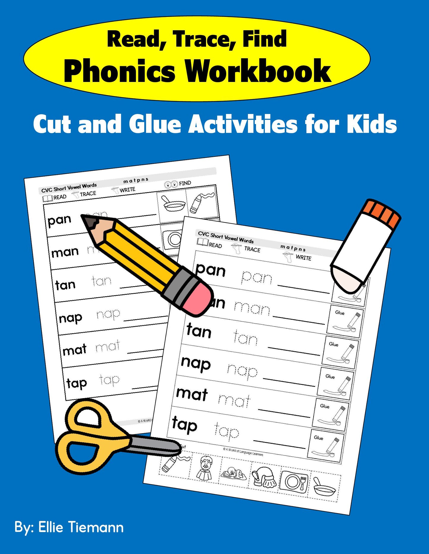 Read, Trace, Find Phonics Workbook: Cut and Glue Activities for Kids- Instant Download