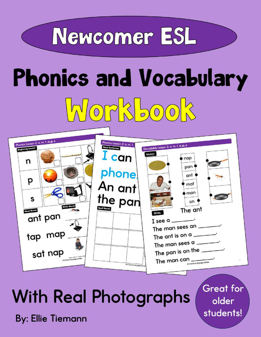 Newcomer ESL Workbook: Phonics and Vocabulary Practice With Real Photographs- Instant Download
