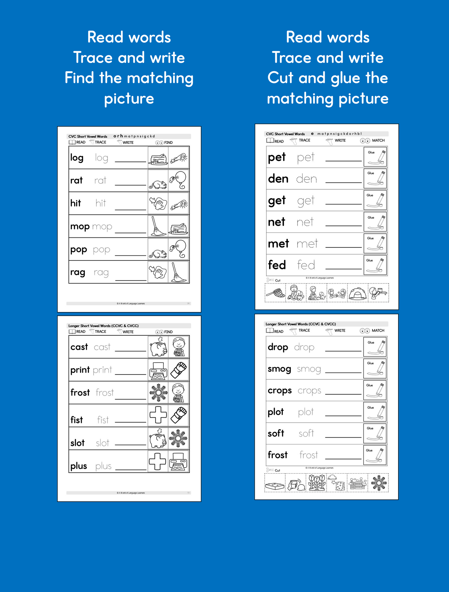 Read, Trace, Find Phonics Workbook: Cut and Glue Activities for Kids- Instant Download
