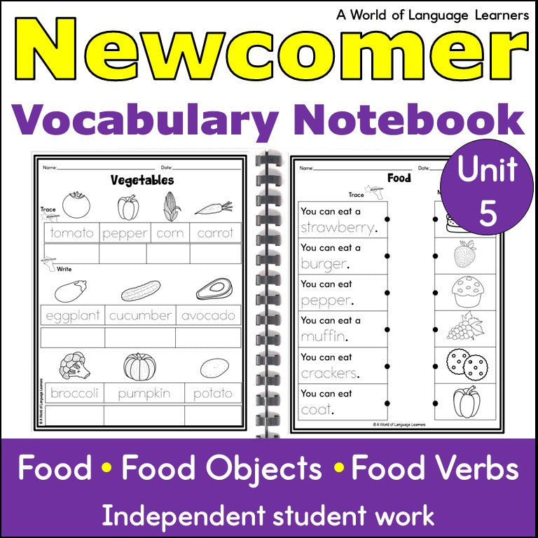 Newcomer ESL Vocabulary Workbook - Food, Meals, Objects, Verb Worksheets