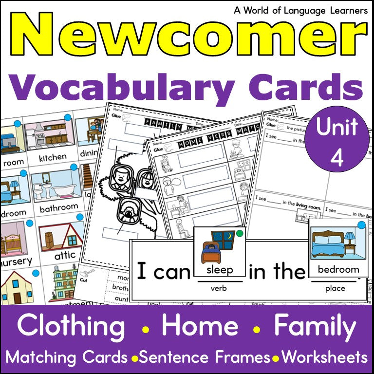 ESL Newcomer Vocabulary Cards - Practice Worksheets and Sentence Frames