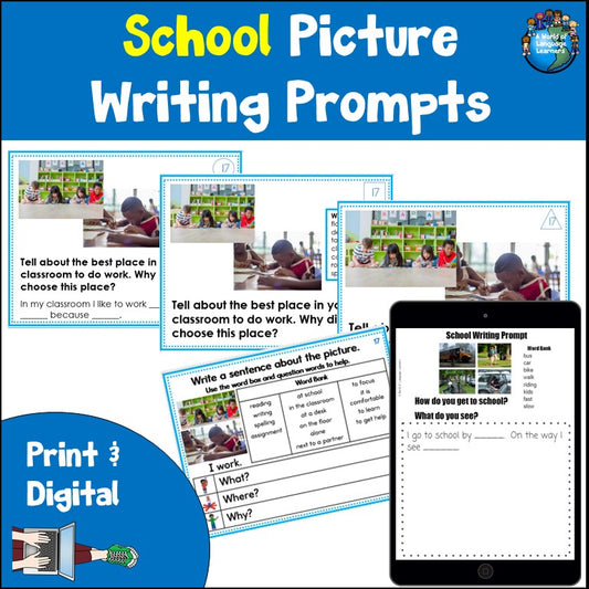 School Picture Writing Prompt Task Cards