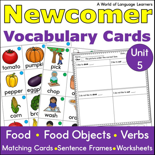 Newcomer ESL Vocabulary Cards- Food - Nouns and Verbs