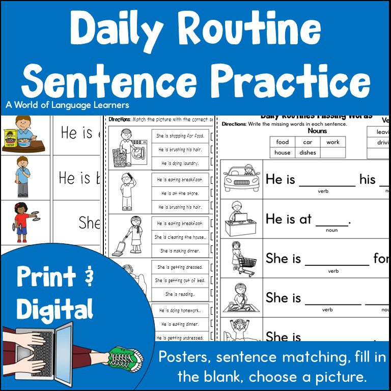 Daily Routines Sentence Practice Print and Digital