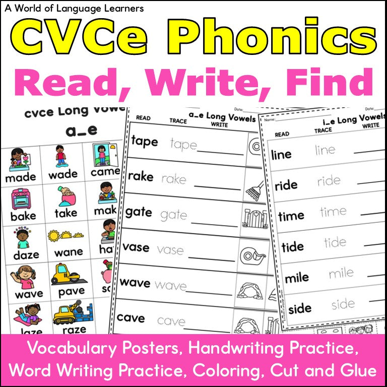 CVCe Long Vowel Phonics - Read, Trace, Find Practice Worksheets