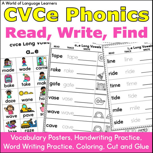 CVCe Long Vowel Phonics - Read, Trace, Find Practice Worksheets