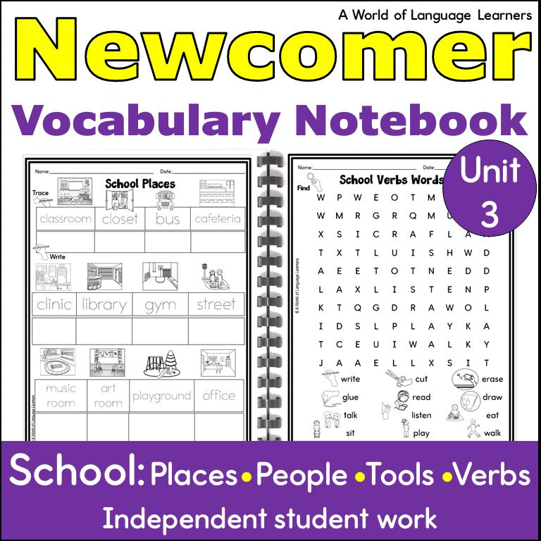Newcomer ESL Vocabulary Workbook - School People, Places, Tools, Verbs