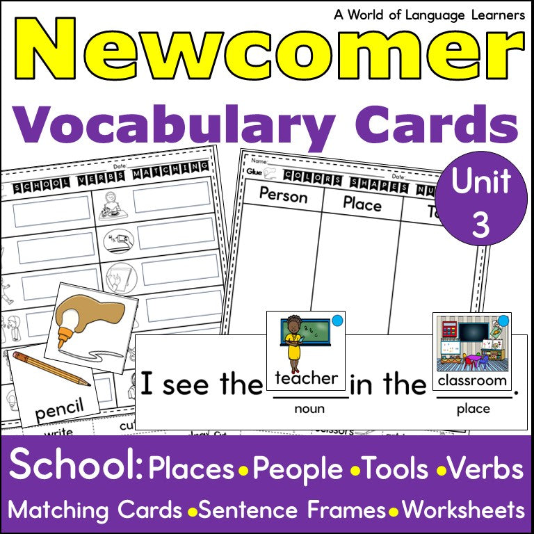 ESL Newcomer Vocabulary Cards - Practice Worksheets and Sentence Frames