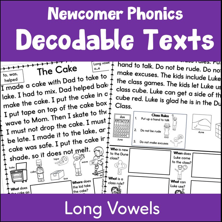 Long Vowel Decodable Texts Newcomer Phonics | Reading Passages with Questions