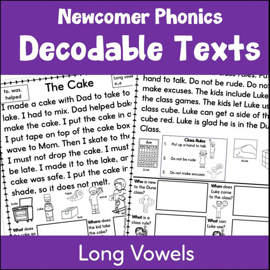 Long Vowel Decodable Texts Newcomer Phonics | Reading Passages with Questions