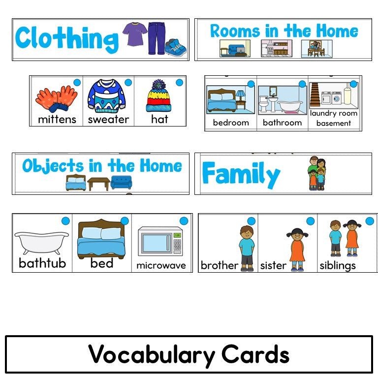 Newcomer ESL Vocabulary Cards- Cothing, Home, Family - Nouns and Verbs