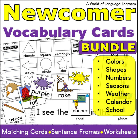 ESL Newcomer Vocabulary Cards - Practice Worksheets and Sentence Frames