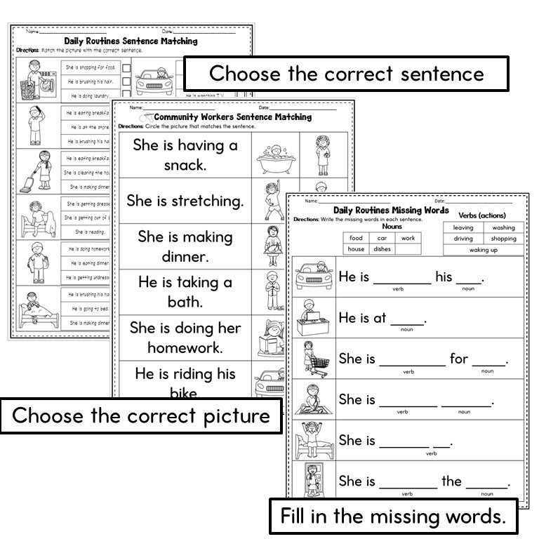 Daily Routines Sentence Practice Print and Digital