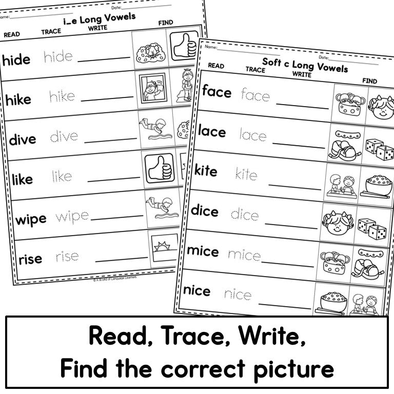 CVCe Long Vowel Phonics - Read, Trace, Find Practice Worksheets
