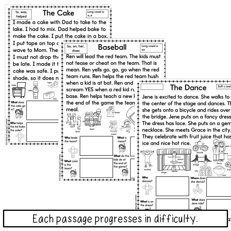 Long Vowel Decodable Texts Newcomer Phonics | Reading Passages with Questions