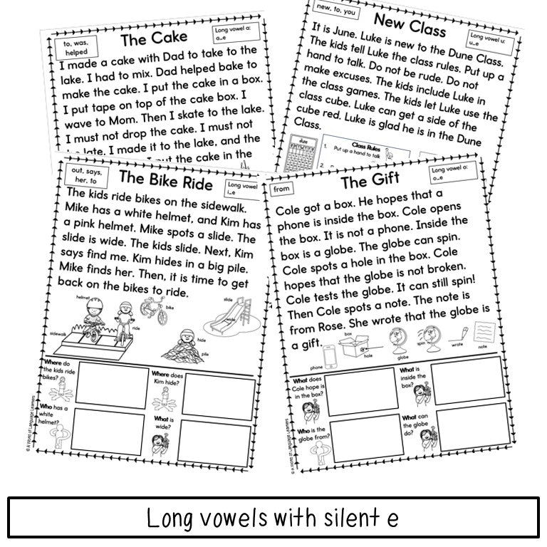 Long Vowel Decodable Texts Newcomer Phonics | Reading Passages with Questions