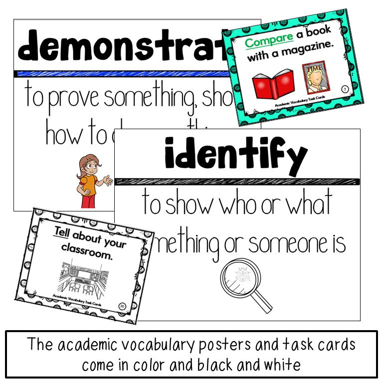 Academic Vocabulary Bundle - Posters and Task Cards with Pictures