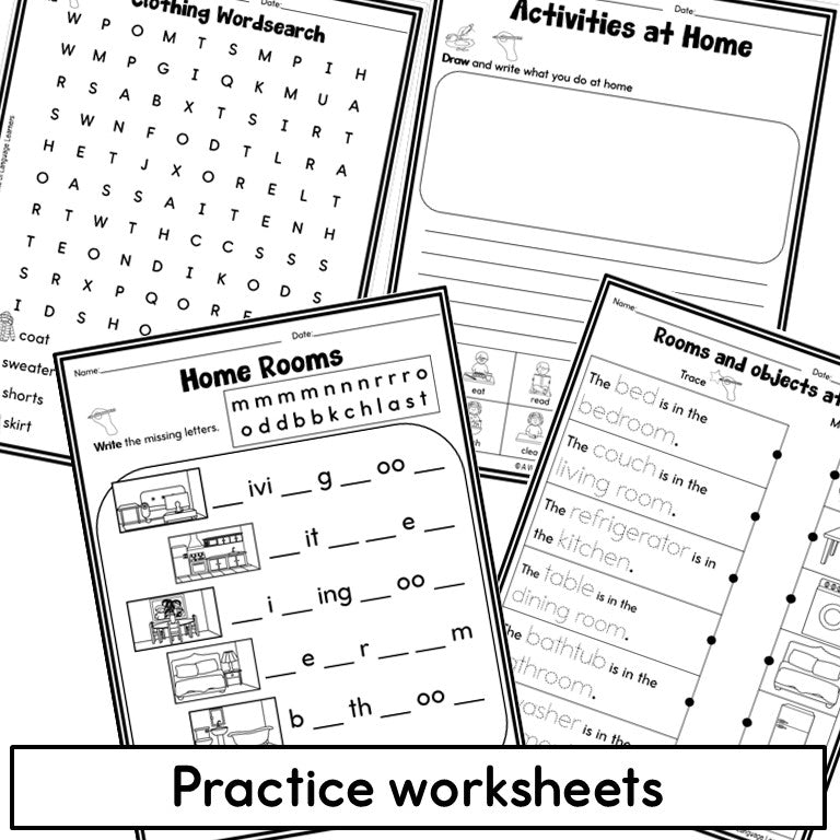 Newcomer ESL Vocabulary Workbook - Clothing, Home, Family Practice Worksheets