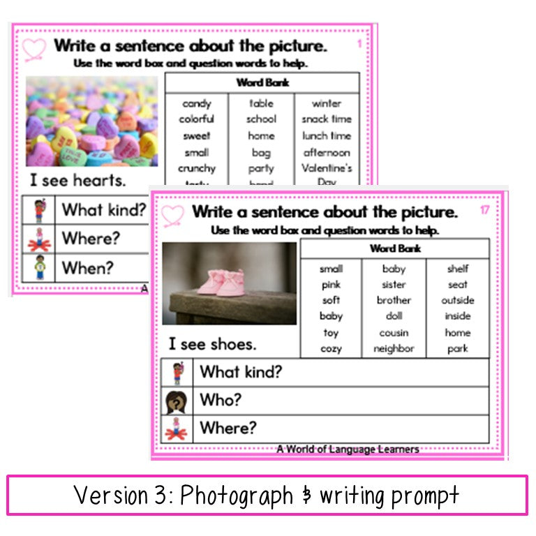 Valentine's Day Picture Writing Prompt Task Cards | Sentence Writing