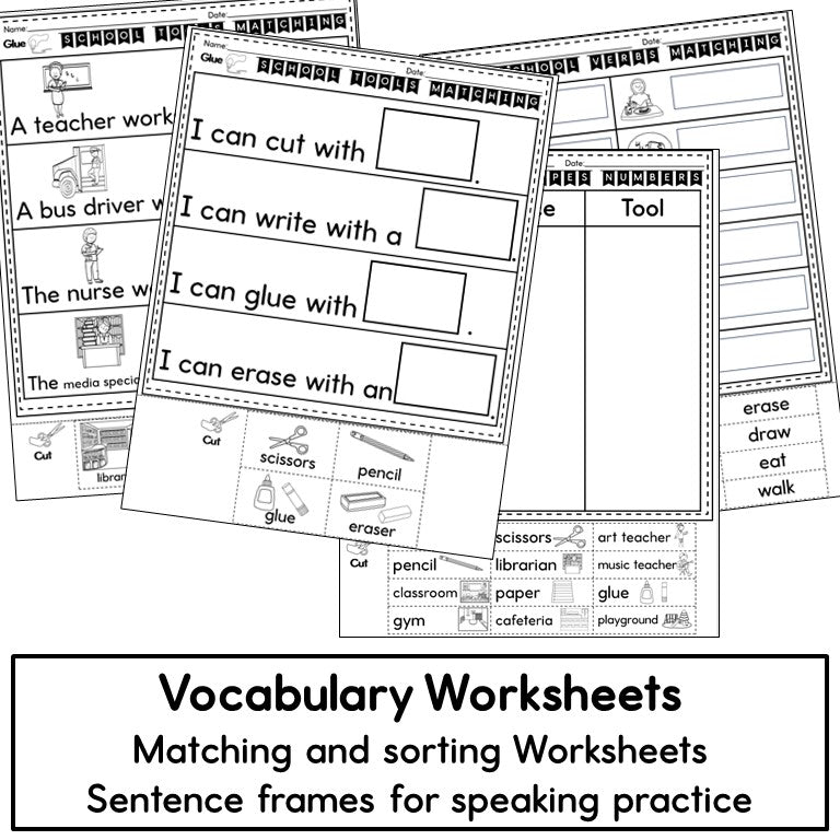 Newcomer ESL Vocabulary Cards- School Places, People, Tools, Verbs