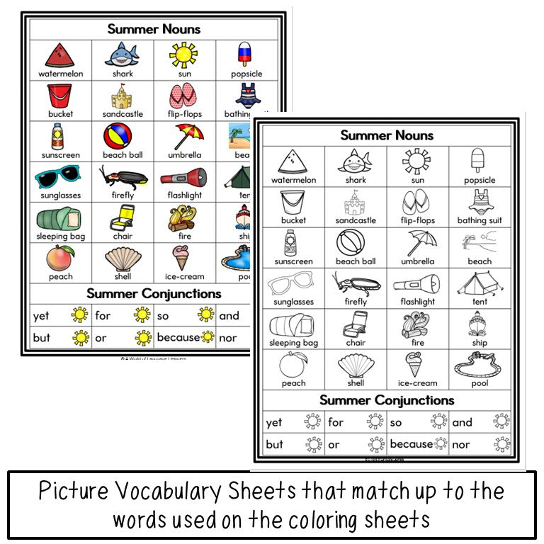 Preview page of summer parts of speech color by code for ESL students in grades 2-5