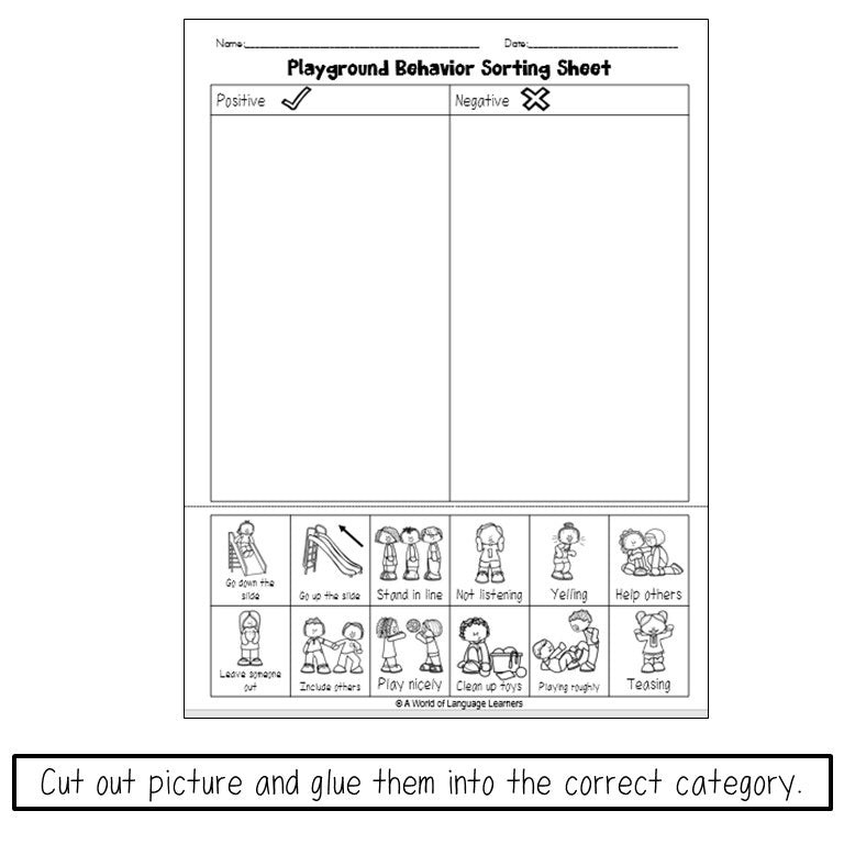 Preview page of school behavior picture sorting cards for ESL students in K-3