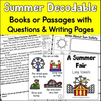 Summer Decodable Books or Passages with Questions and Writing Pages