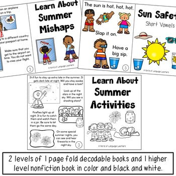 Summer Decodable Books or Passages with Questions and Writing Pages