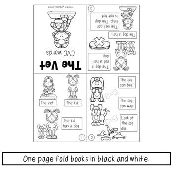 Black and white version of the CVC short vowel decodable fold book