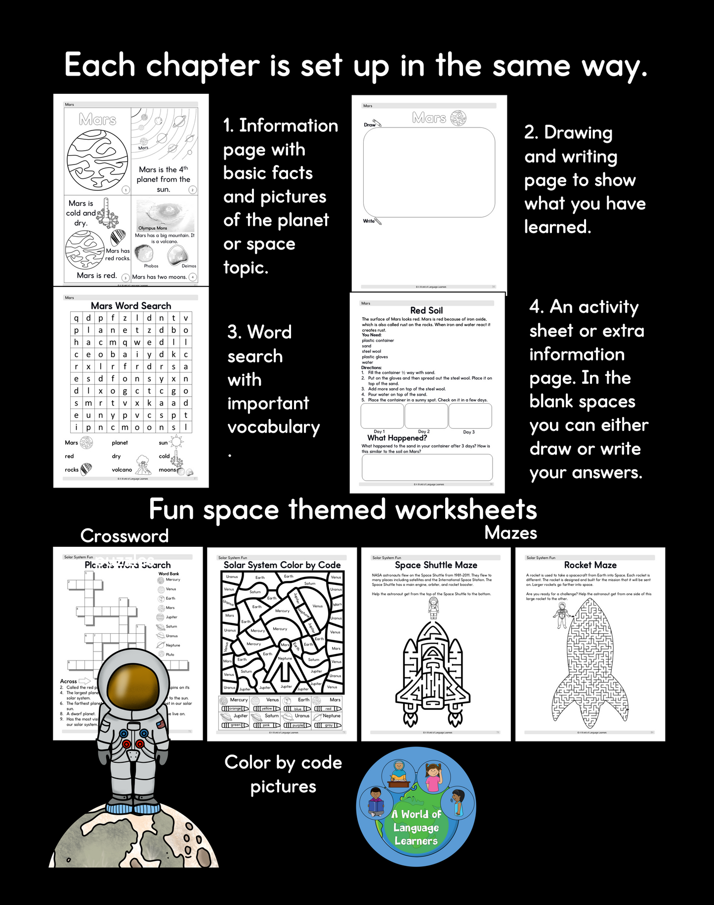 Solar System Workbook for Kids: Fun Space Activities- Reading, Writing, Coloring, Wordsearches - Instant Download