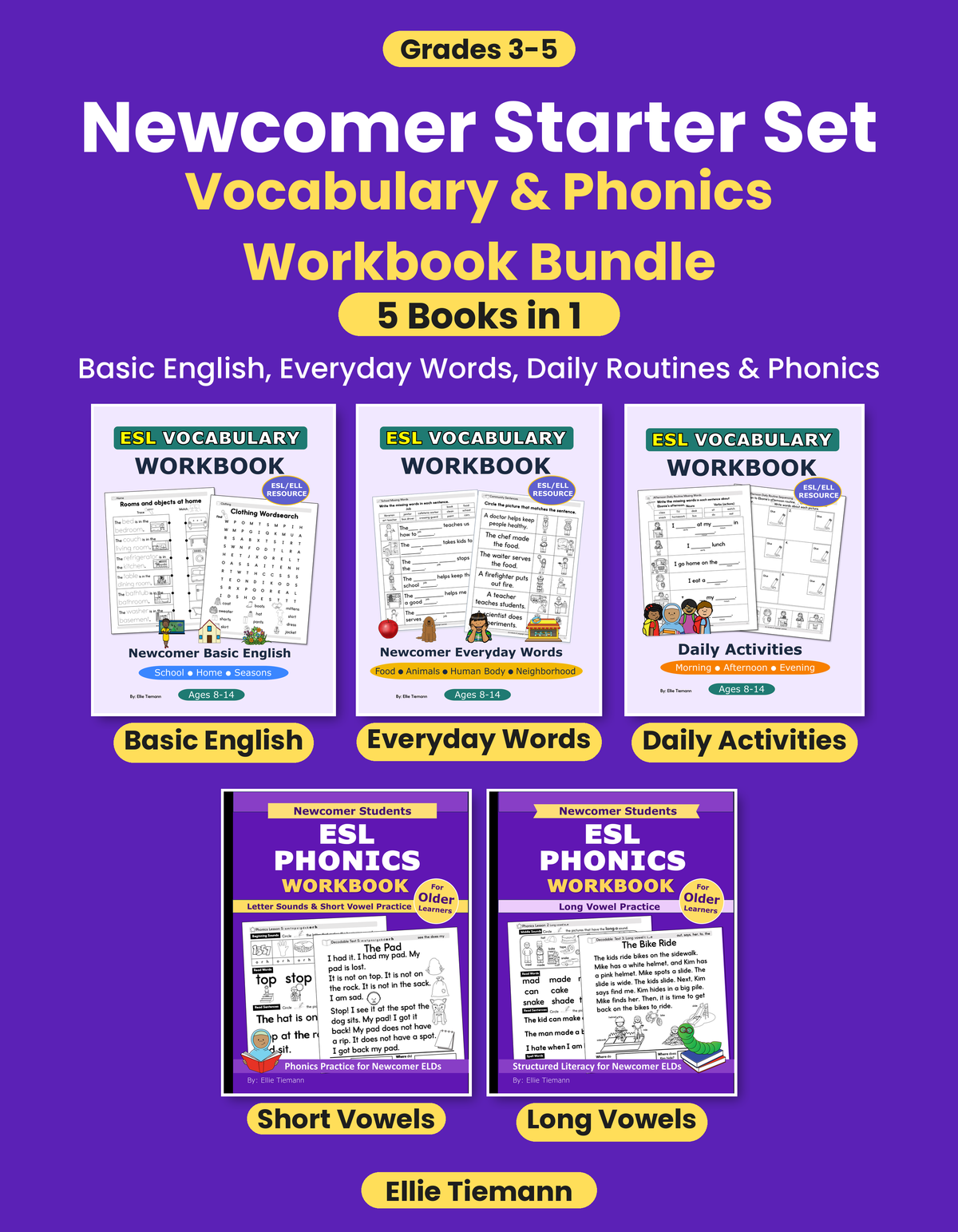 Cover of the Newcomer Starter Set bundle for grades 3-5, showing all 5 vocabulary and phonics workbook covers