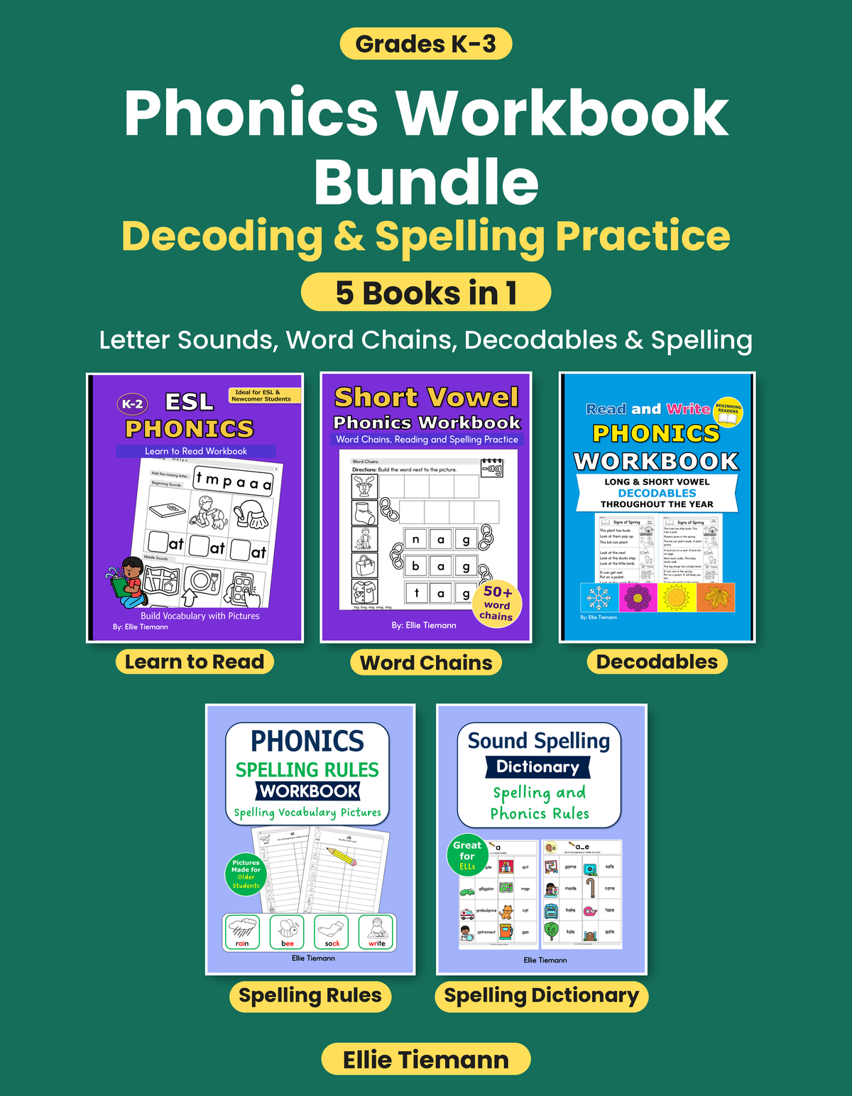 Cover of the Phonics Workbook Bundle for grades K-3, showing all 5 decoding and spelling workbook covers
