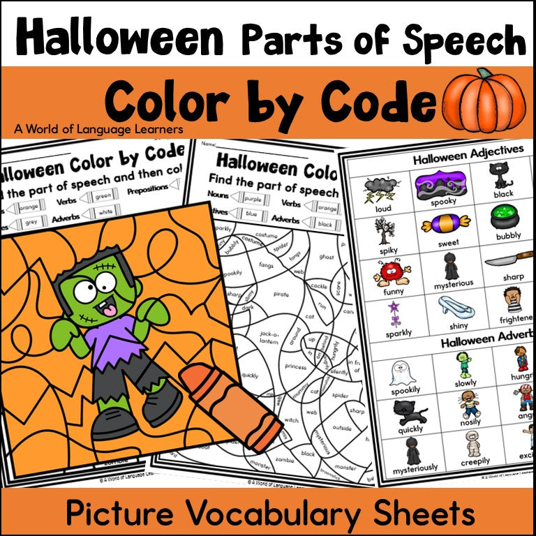 Cover of Halloween Parts of Speech Color by Code with illustrated vocabulary sheets