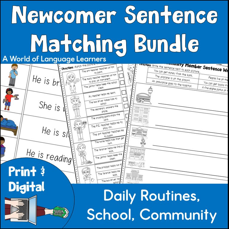 Newcomer Sentence Matching Bundle | Worksheets and Posters