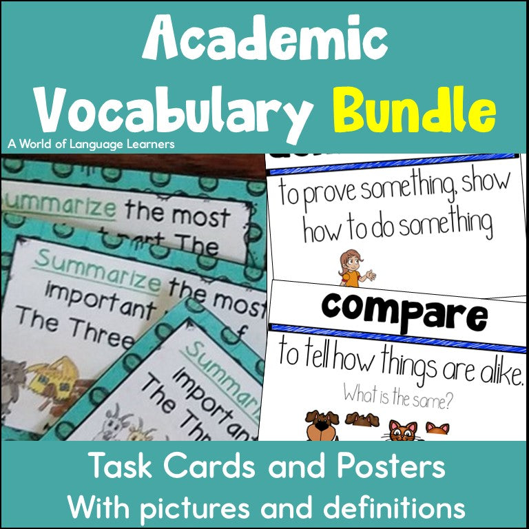 Academic Vocabulary Bundle - Posters and Task Cards with Pictures