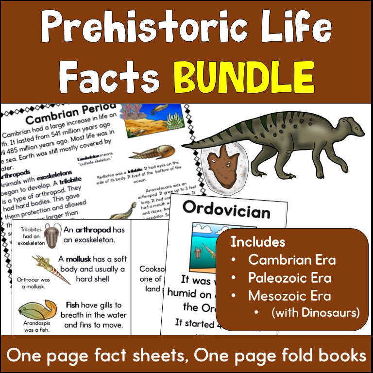 Cover of Prehistoric Life Fact Sheets and Fold Books Bundle for ESL and ML students in grades 3-5