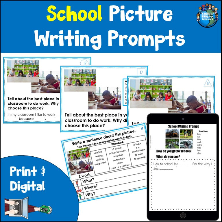 School Picture Writing Prompt Task Cards