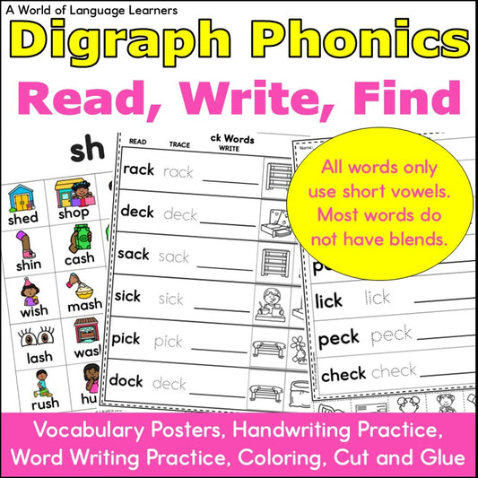 Digraph Phonics - Read, Trace, Find Practice Worksheets