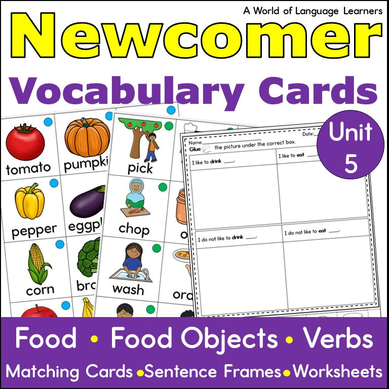 ESL Newcomer Vocabulary Cards - Practice Worksheets and Sentence Frames