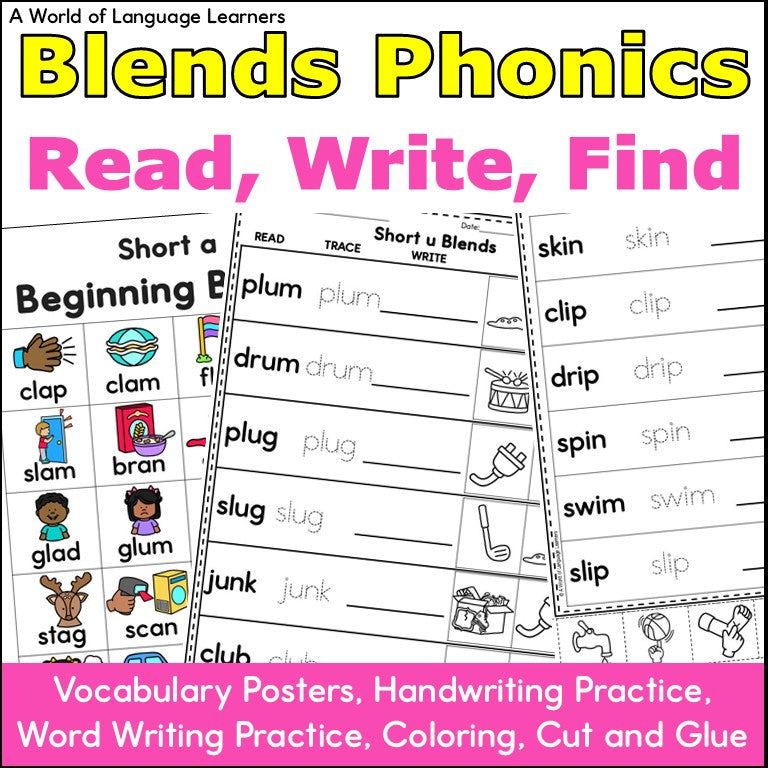 Blends Short Vowel Phonics - Read, Trace, Find Practice Worksheets