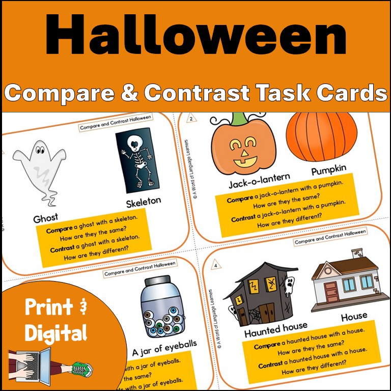 Cover of Halloween Compare and Contrast Picture Task Cards, print and digital, for ESL students