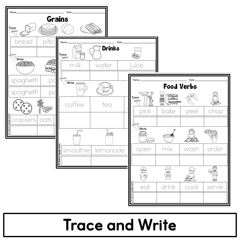 Newcomer ESL Vocabulary Workbook - Food, Meals, Objects, Verb Worksheets