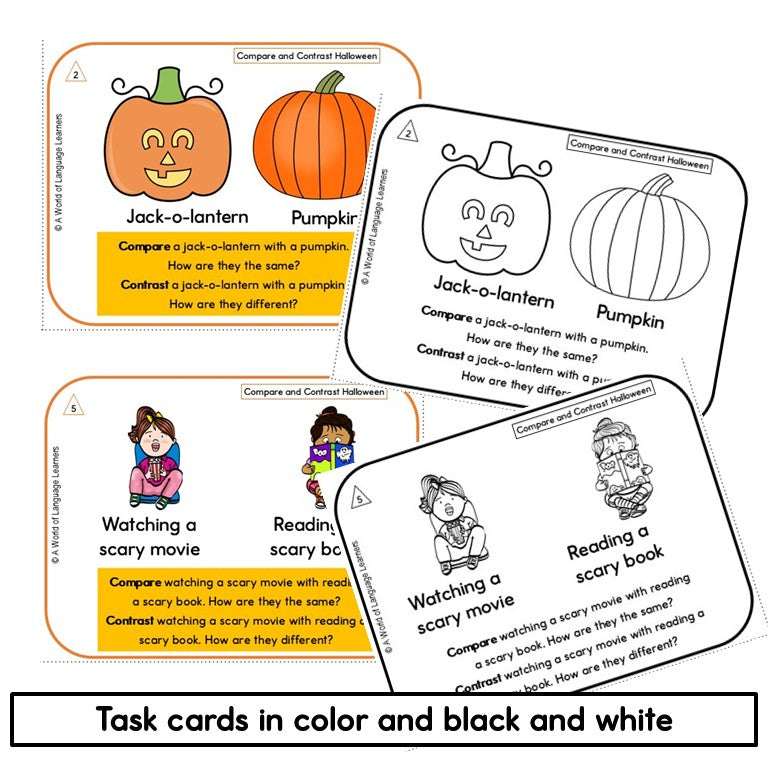 Halloween compare and contrast task cards in color and black and white