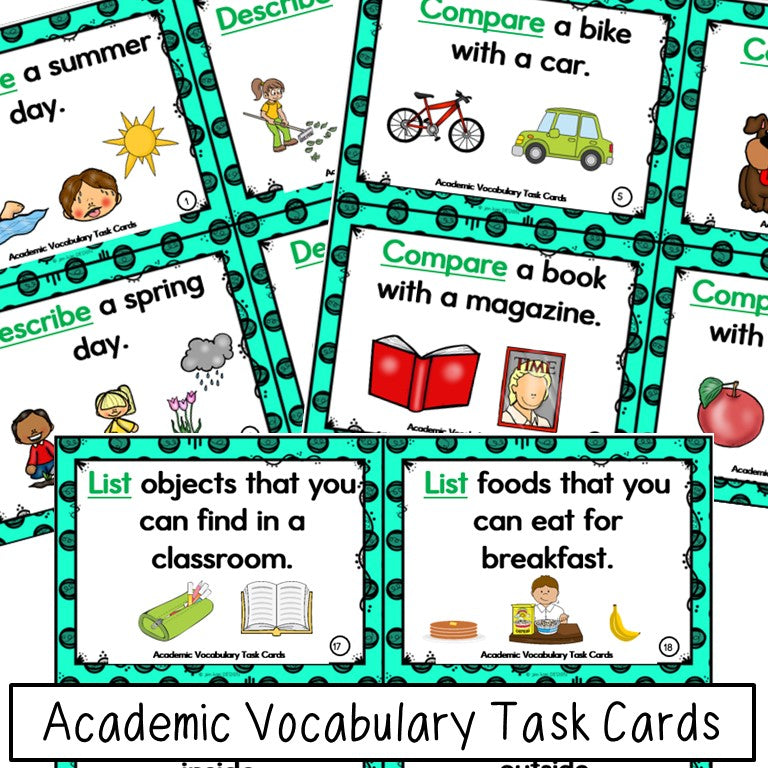 Academic Vocabulary Bundle - Posters and Task Cards with Pictures