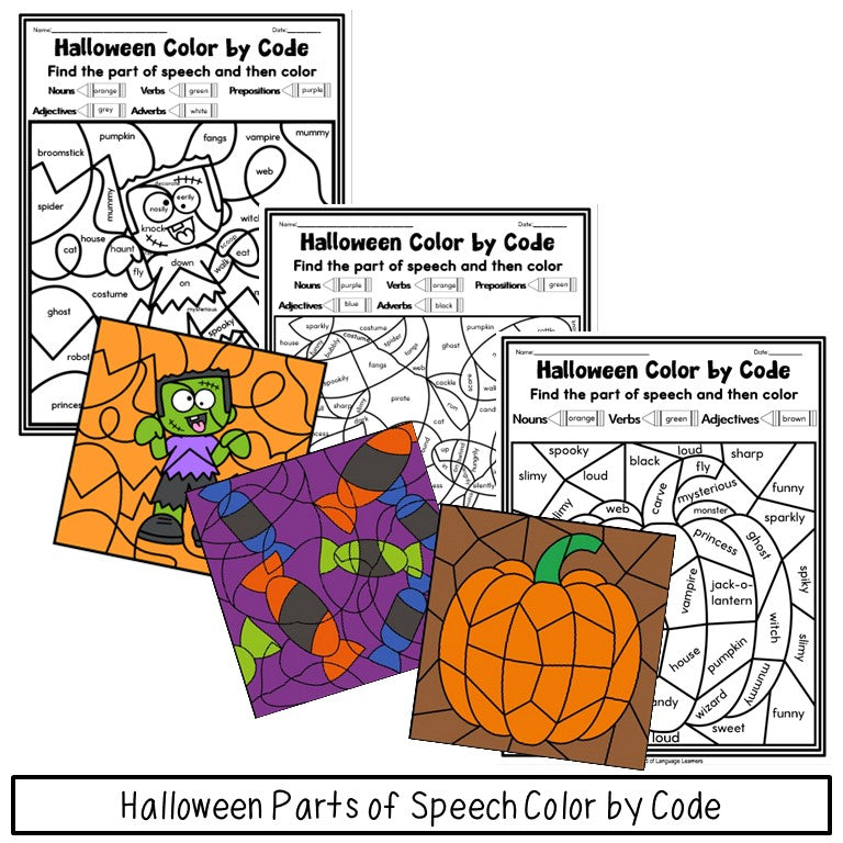 Preview of Halloween parts of speech color by code pages
