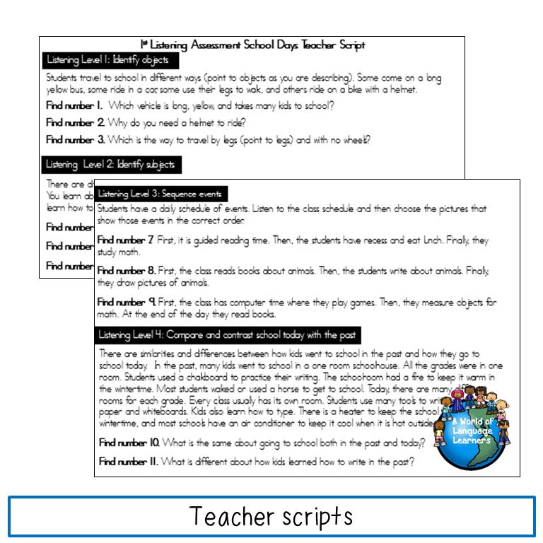 ESL Listening Assessments First Grade Print and Digital