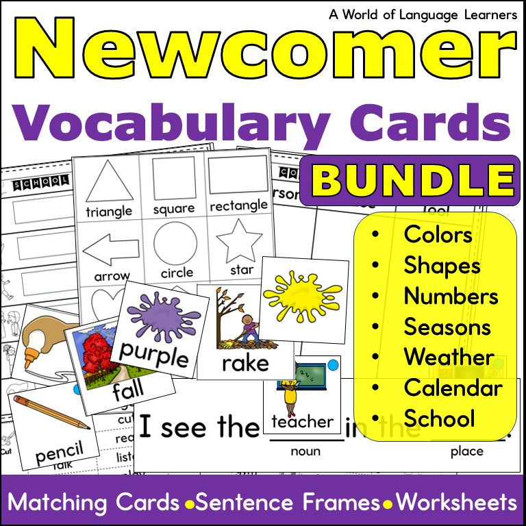 ESL Newcomer Vocabulary Cards - Practice Worksheets and Sentence Frames