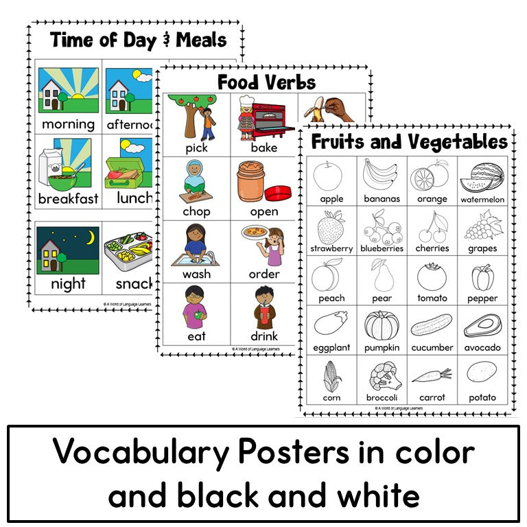 Newcomer ESL Vocabulary Workbook - Food, Meals, Objects, Verb Worksheets