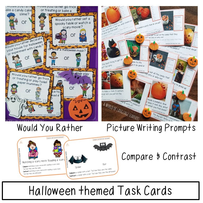 Halloween task cards: would you rather, picture writing prompts, and compare and contrast