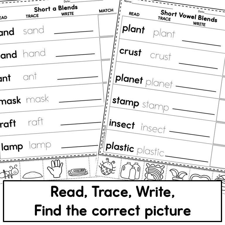Blends Short Vowel Phonics - Read, Trace, Find Practice Worksheets